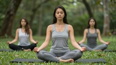 Uma pessoa equilibrada meditando em um ambiente calmo e natural, transmitindo paz, saúde mental e harmonia.