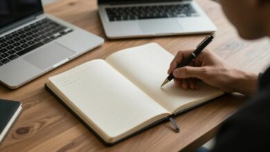 Uma mesa de escritório organizada com um caderno, uma caneta e um café, representando foco, planejamento estratégico e aumento de produtividade.