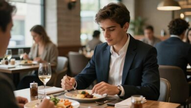 Um jovem profissional entusiasmado e bem vestido no ambiente de um restaurante de alta gastronomia, pronto para uma entrevista de sucesso.