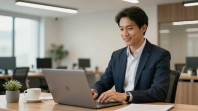 Profissional de banco confiante durante uma entrevista de emprego em um escritório moderno com iluminação profissional, estilo corporativo elegante