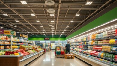 Uma cena vibrante e organizada de um supermercado moderno, focada no atendimento ao cliente e na gestão de produtos na prateleira, com uma atmosfera iluminada e profissional.
